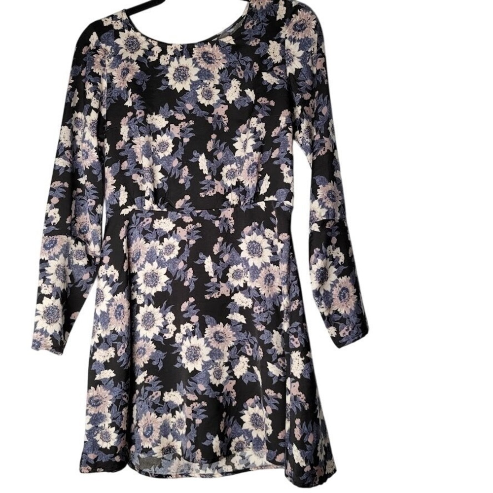 Free People Floral Mini Dress Size 2 Black Long Sleeve Fit Flare Cottagecore - Picture 2 of 14